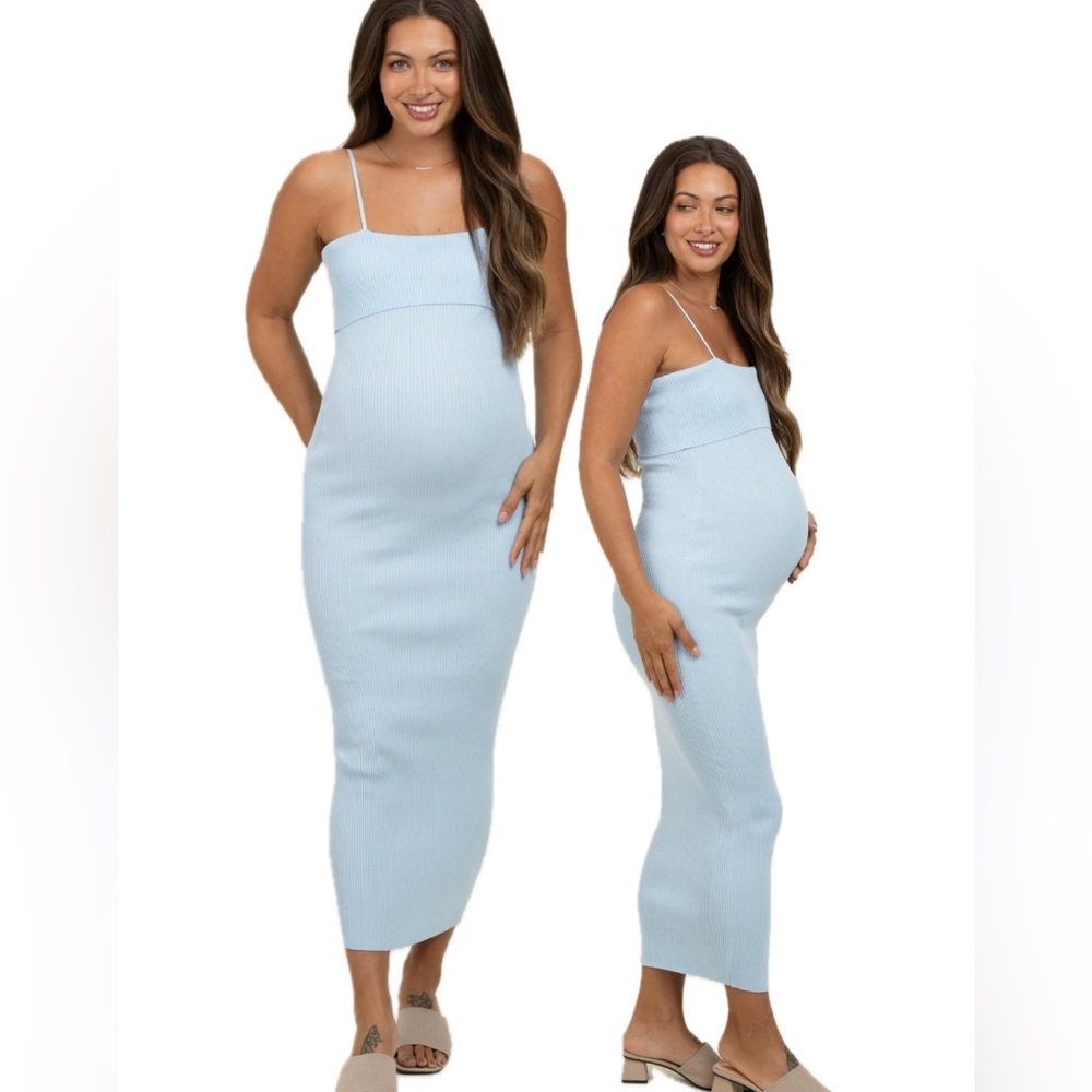 💙NWT Baby Blue Rib Knit Off Shoulder Maternity Midi Dress
